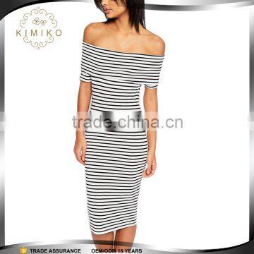 Wholesale Midi Dress Offer Shoulder In Stripe With Short Sleeve