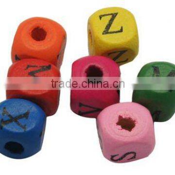 Single Letter Alphabet Wood Beads, Lead Free, Square, Dyed, Multicolor(WOOD-H001)