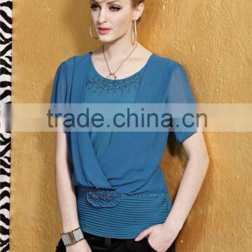 Round Collar Show Thin Short Sleeve Fashion Chiffon Blouse photo-2