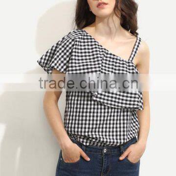 Blouses Latest Fashion Design Women Clothing Black and White Gingham Ruffle One Sleeve Blouse photo-4