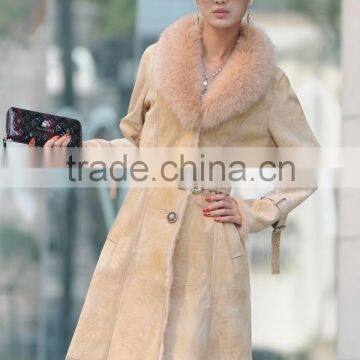 Newest Double Face Genuine Rabbit Fur Lining Leather Long Coat With Fox Fur Collar