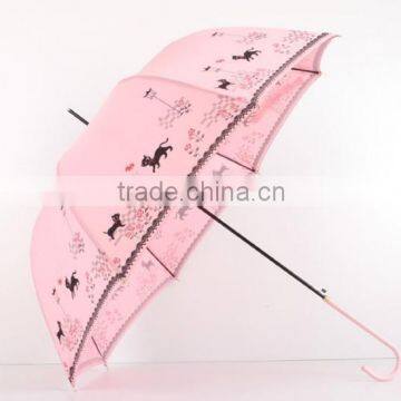 23 Inch Stick Crook Handle Silk Print Lady Umbrellas