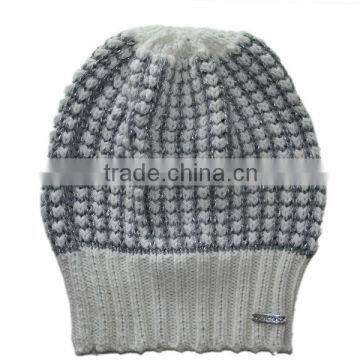 lurex popcorn knit cap hat beanie with rib cuff for women