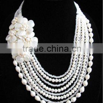 Shell with Fresh water pearl long Flower Necklace Gemstone handmade JN148