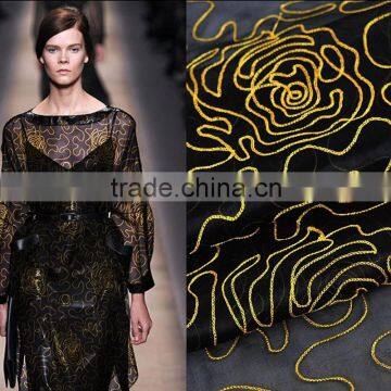 Black Gold 100% Silk Organza Embroidered Tulle Fabric photo-2