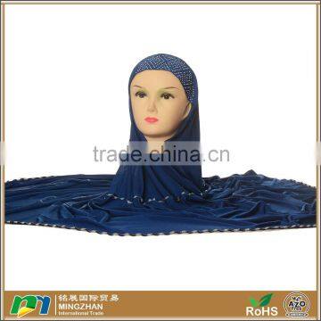 Women Dark Blue Soft Viscose Muslim Hijab Scarf With Rhinestone Border