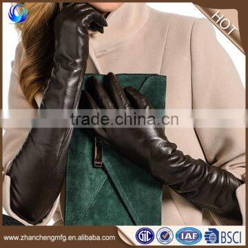 High quality women winter brown long sheepskin leather gloves touch screen