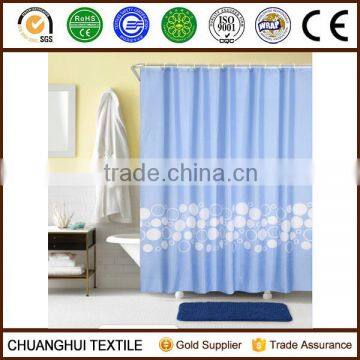 sky blue color with white circle and dot printed pattern polyester shower curtain