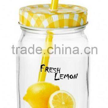 2016 hot selling 400ml glass mason jar with colorful lid and straw for lemon