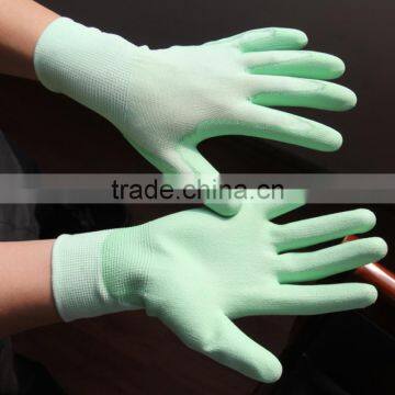 NMSAFETY 13g PU gloves green nylon liner PU gloves/safety wrok gloves strong abrasion performance