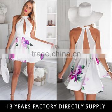 Summer halter one piece hollow out dress 2016 keyhole flower print A line simple casual dress