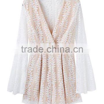 Ladies Fashion White Lace v Neck Long Flare Sleeve Adult Romper photo-5