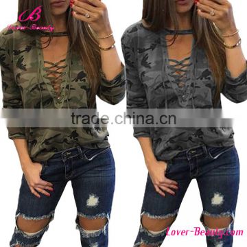 New Style Hollow Straps Camouflage Long Lady Printing T-Shirt