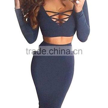 Pictures of Long Skirts and Tops for Sexy Womens 2Pcs Crop Top Midi Skirt Stretch Party Bandage Dresses photo-3