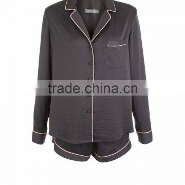 Dark Grey Contrast Trim Blank Pyjamas Shirt and Shorts Soft Silk Satin Sleepwear Long Sleeves Customzied photo-4