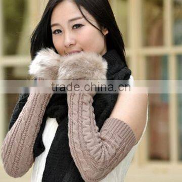 trendy fashion winter wool cable knit fur long arm warmers