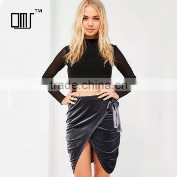 2017 New fashion ladies soft mini sexy grey tie side wrap velvet skirt