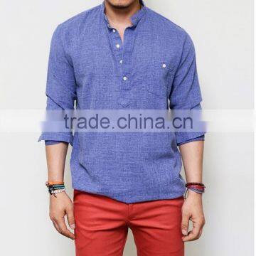 Men's Long Sleeve Blue Laid-back Holiday Linen Pull Over Henley Mandarine Shirt photo-4