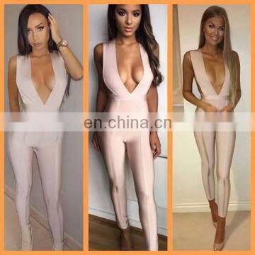 Amigo 2017 fashion beige sleeveless deep V neck low-cut backless bandage evening jumpsuits for women