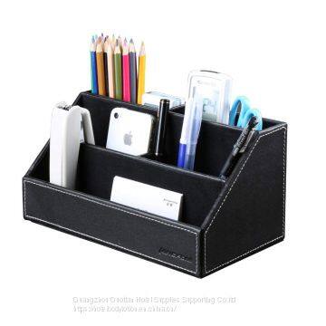 Home Office Wooden Struction Leather Multi-function Desk Stationery Organizer Storage Box, Pen/Pencil,Cell phone, Business Name Cards, Note Paper, Remote Control Holder (black)