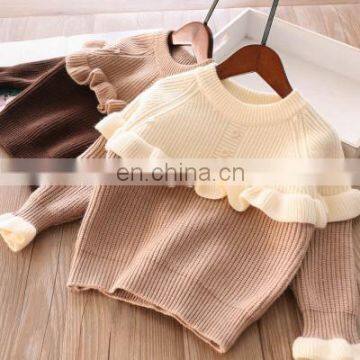 Autumn and winter specials 2 color buttons and wood ears color matching girls sweater children's clothing