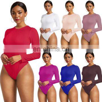 Custom logo women candy colors crew neck long sleeve romper bodysuit