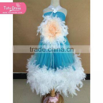 Hot sale lovely girls feather dress blue tulle white feather children feather dress