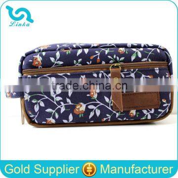 High Quality Blue Rose Floral Print Canvas Pencil Pouches For Girls