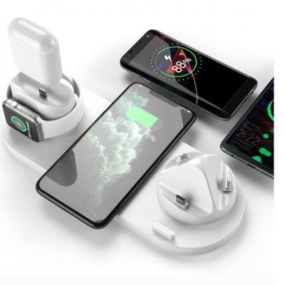 Six-in-One Wireless Charging Desktop Mobile Phone Watch Headset Black White Rose Gold-Charging Adapters Phone Accessories