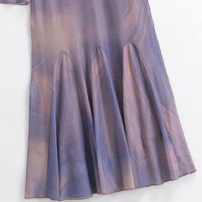 Early Spring New Design: European-American Contrasting Color Print Frill-Edge One-Sided Shoulder Flared Long-Sleeved Fish-Tail Dress photo-4