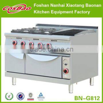 Hotel kitchen equipment commercial 4 burners gas range with lava rock grill and oven/multifunctional cooking range BN-G812