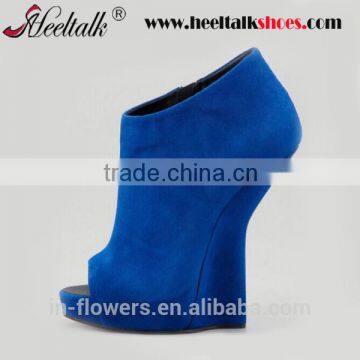 Blue suede leather peep toe wedges shoes womens