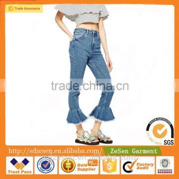 New Design High Waist Slim Mom Jeans Flared Frill Hem Denim Trousers For Women