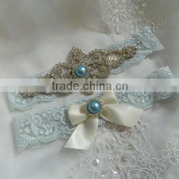 bridal rhinestone garter,lace garter with crystal applique,Light Blue Stretch Lace garter