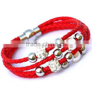 Lady PU Leather Cuff Wrap Wristband Magnetic Buckle Bracelet With Sliding Beads