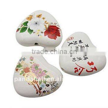 Handmade Porcelain Beads, Ornamental With Gold, Heart, Multicolor, about 49x43x16mm, hole: 4.3mm(PORC-E1058-M)