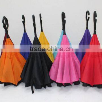wholesale Inverted umbrella 2016 new design windproof upside down umbrella with C shape handle new promotion reverse umbrella