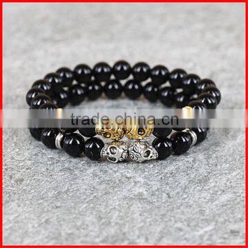 Wholesale Natural Stone Black Onyx Agate Stone Beads Men Skull Bracelet