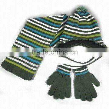 custom knitted kids earflap beanie cap stripe scarf & magic gloves set