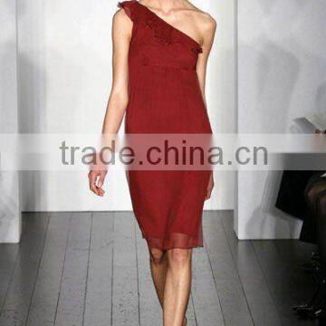 2012 one shoulder handmade pleated wine red chiffon knee length bridesmaid dress