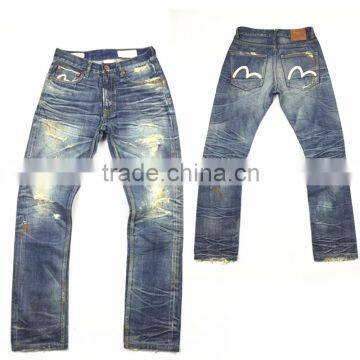 Custom High quality vintage wash distressed Japanese selvedge jeans denim selvedge denim jeans(LOTR019)