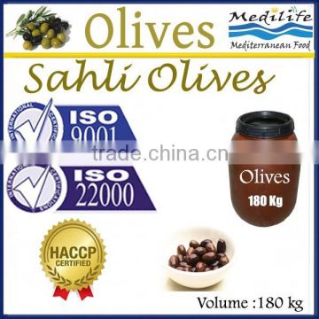 High Quality 100% Tunisian Table Olives,Nicoise Olives,Sahli Table Olives 180 Kg in Plastic container