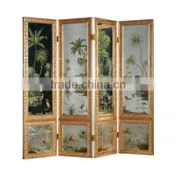 Traditional Double-Sided Painted Wooden Floor Screen, Elegant Flower & Bird Design Decorative Glass 4 Panel Folding Screen