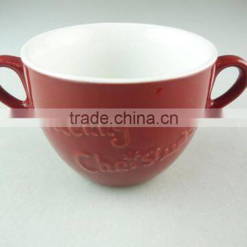 Stock Cheap Red Color Ceramic Soup Cup With Two Handles photo-2