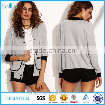 Fashion Grey Contrast Trim Binding Pocket Button Up Baseball Jacket