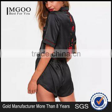 MGOO Embroidered Satin Pajama Set Black Satin Applique Detail Pyjama Set Crop Short Sleeve Button Top With Shorts