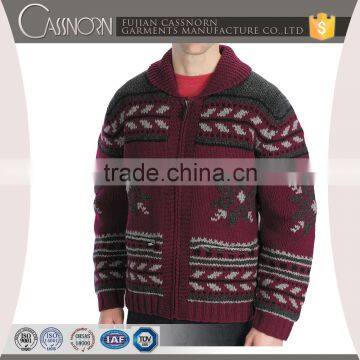 Two-way Front Zip Lambswool Nordic Jacquard Chunky Textured Hand Knit Cardigan photo-2