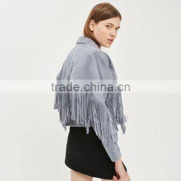 Lapel Collar Fringed Short Coat Womens Faux Suede Tassel Bomber Jacket photo-4