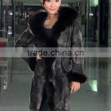 Double Face Coat/Rabbit fur Long Coat With Fox Fur Collar/Wholesale And Retail