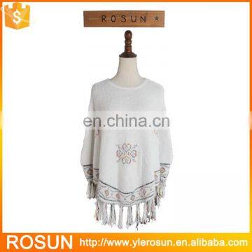 Latest fashion long top design cozy tassel girls shawl poncho batwing pullover sweater